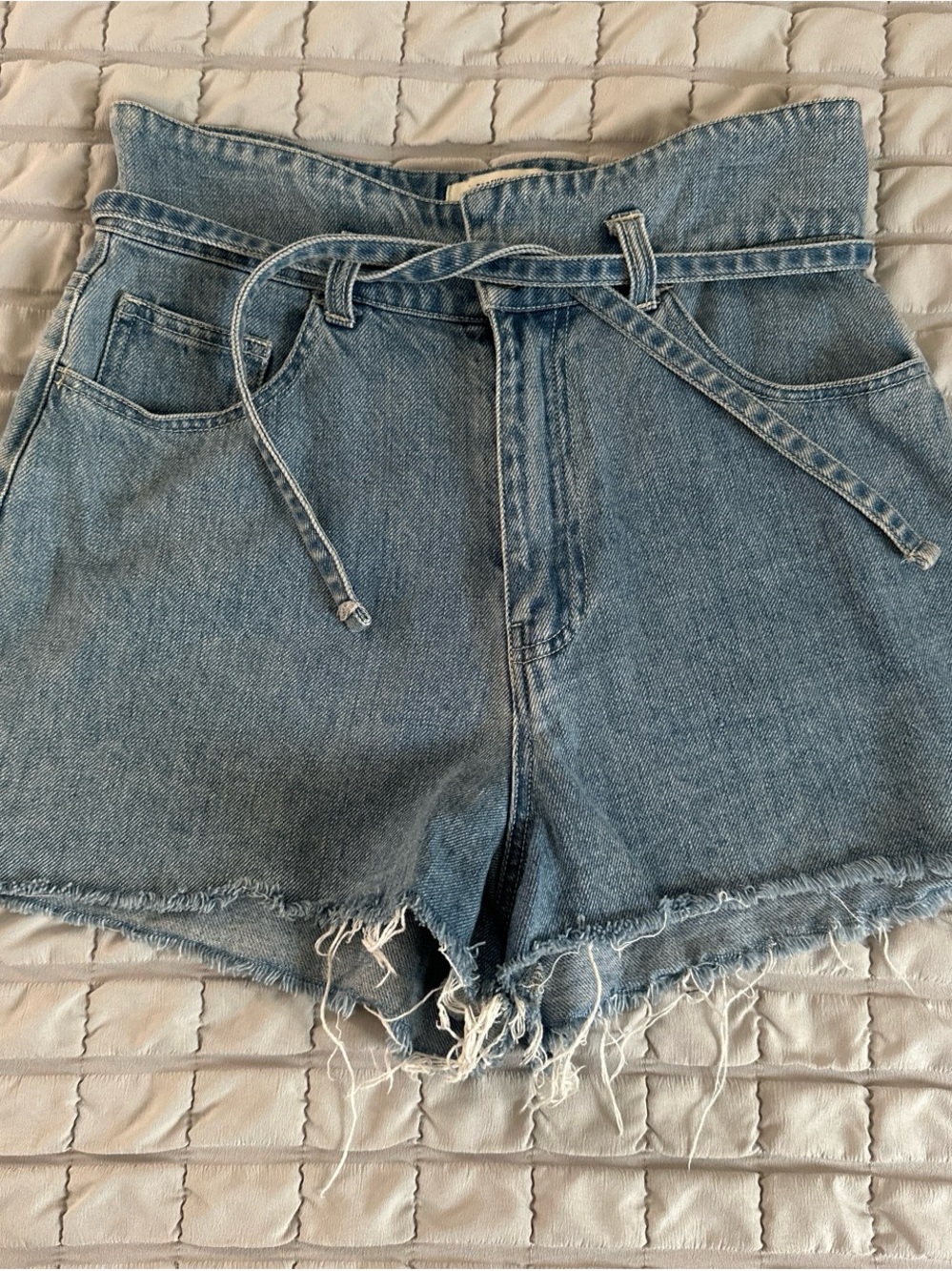 Forever 21 Light Blue High-Rise Denim Paperbag Shorts with Waist Tie